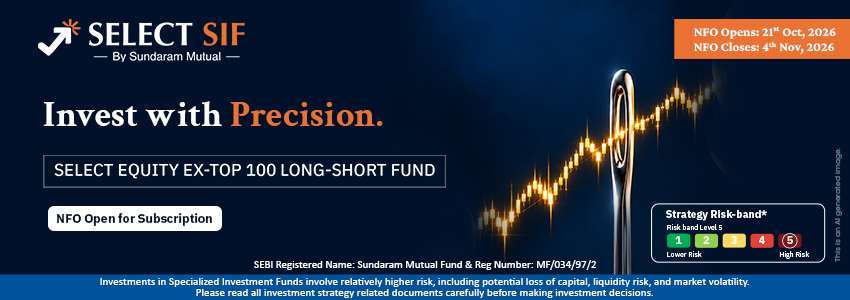 Headline: Invest with Precision. Supporting Text: SELECT SIF By Sundaram Mutual - SELECT EQUITY EX-TOP 100 LONG-SHORT FUND. NFO Open for Subscription