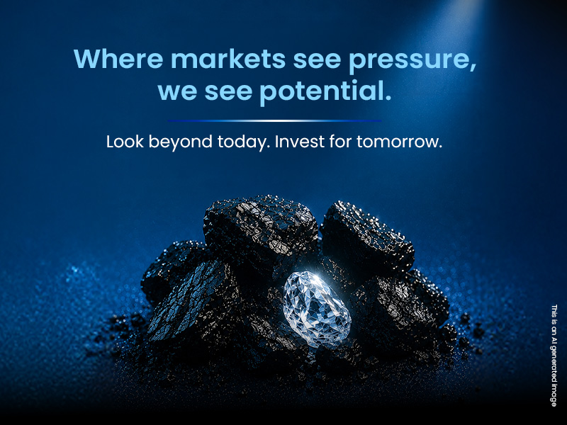 Where markets see pressure, we see potential. Look beyond today. Invest for tomorrow. Image features a glowing diamond emerging from rough coal.