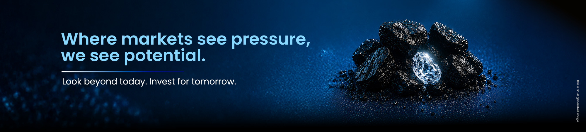 Where markets see pressure, we see potential. Look beyond today. Invest for tomorrow. Image features a glowing diamond emerging from rough coal.