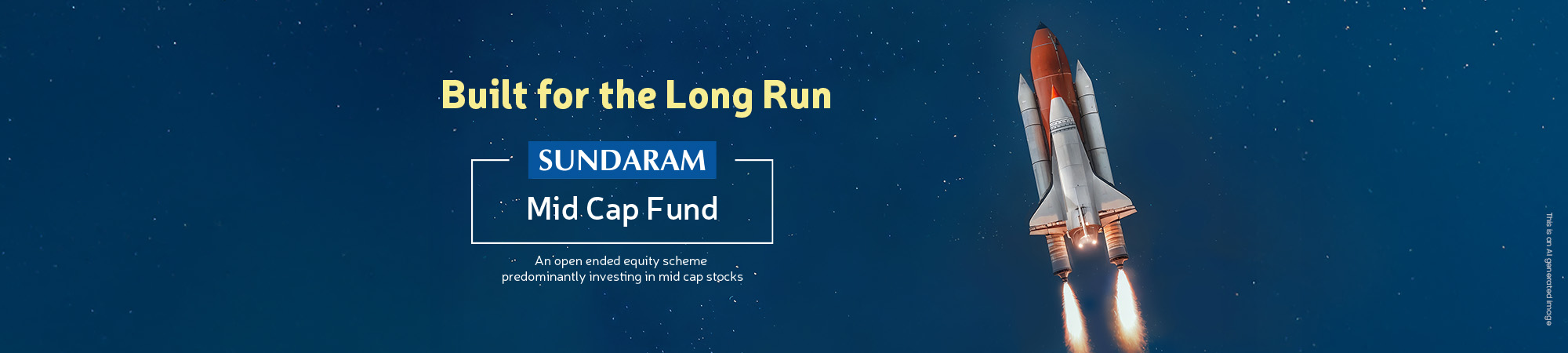Built for the Long Run. SUNDARAM Mid Cap Fund. An open ended equity scheme predominantly investing in mid cap stocks. Image features a space shuttle launching.