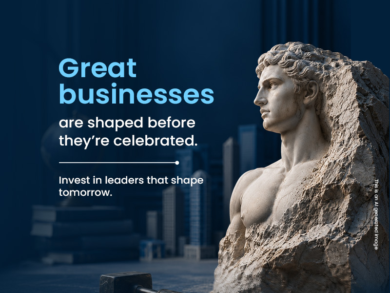 Great businesses are shaped before they're celebrated. Invest in leaders that shape tomorrow. Image features a marble statue, a globe, city buildings, and sculpting tools.