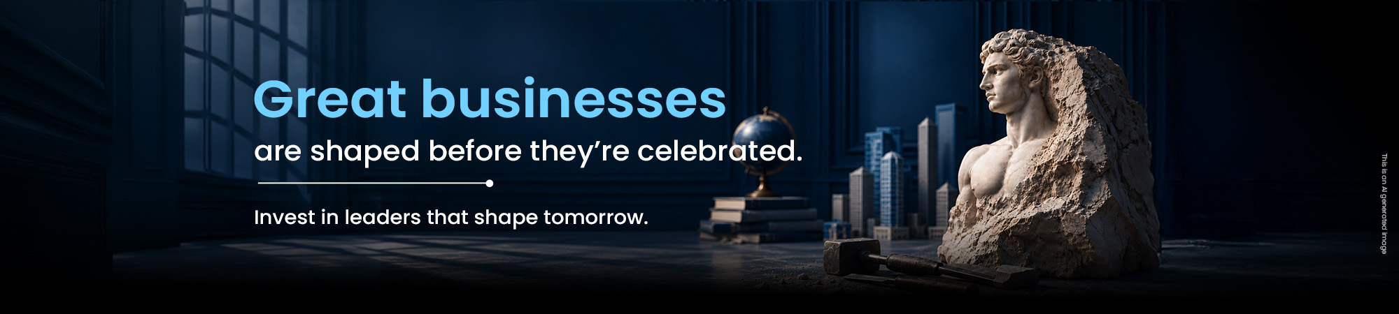 Great businesses are shaped before they're celebrated. Invest in leaders that shape tomorrow. Image features a marble statue, a globe, city buildings, and sculpting tools.